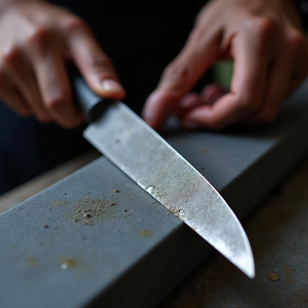 Schleifen einer Messerklinge auf dem Schleifstein